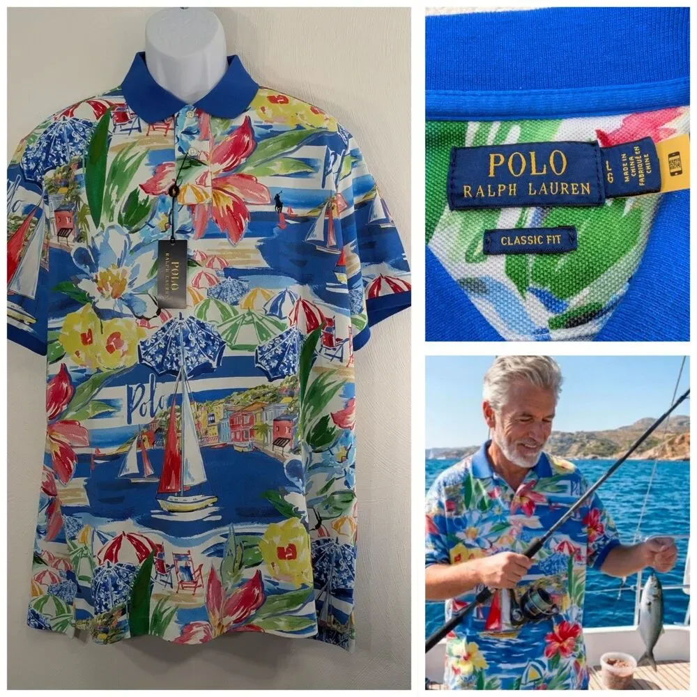 New Polo Ralph Lauren Men's L Riviera Print Mesh Polo Shirt Vacation Sailing